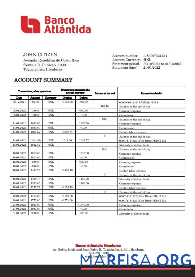 Printable Honduras Banco Atlantida bank statement word template